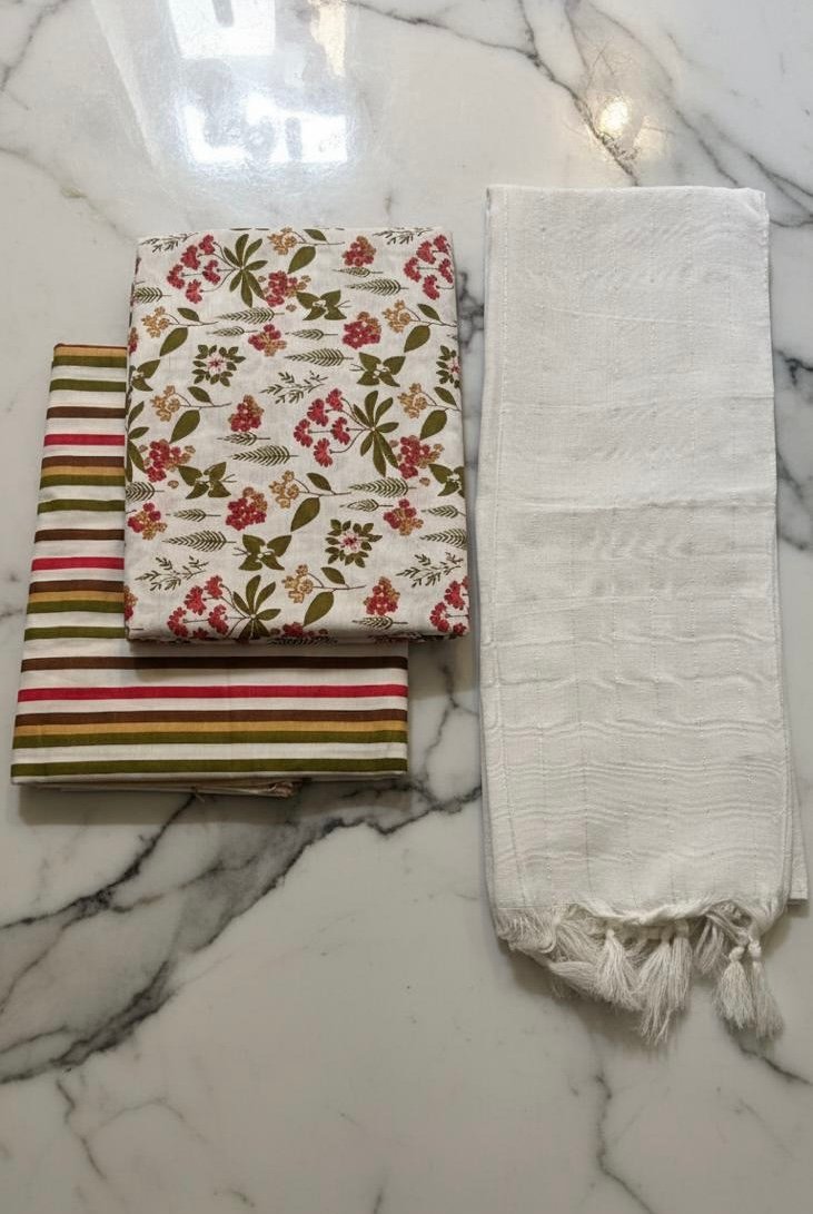 premium 2.5 meter floral multi color top &2.5 meter bottom fabric set with white dupatta | stylish dress material for women